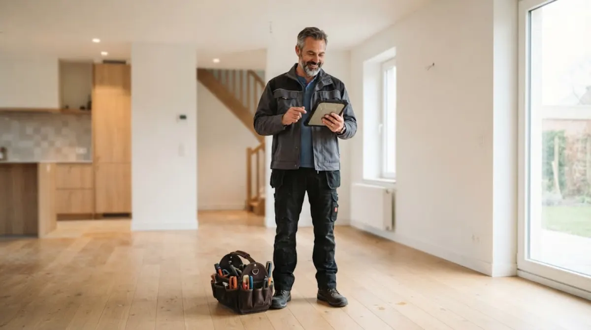 Vakman in werkkledij die een klus bekijkt op een tablet in een lichte, gerenoveerde woonkamer
